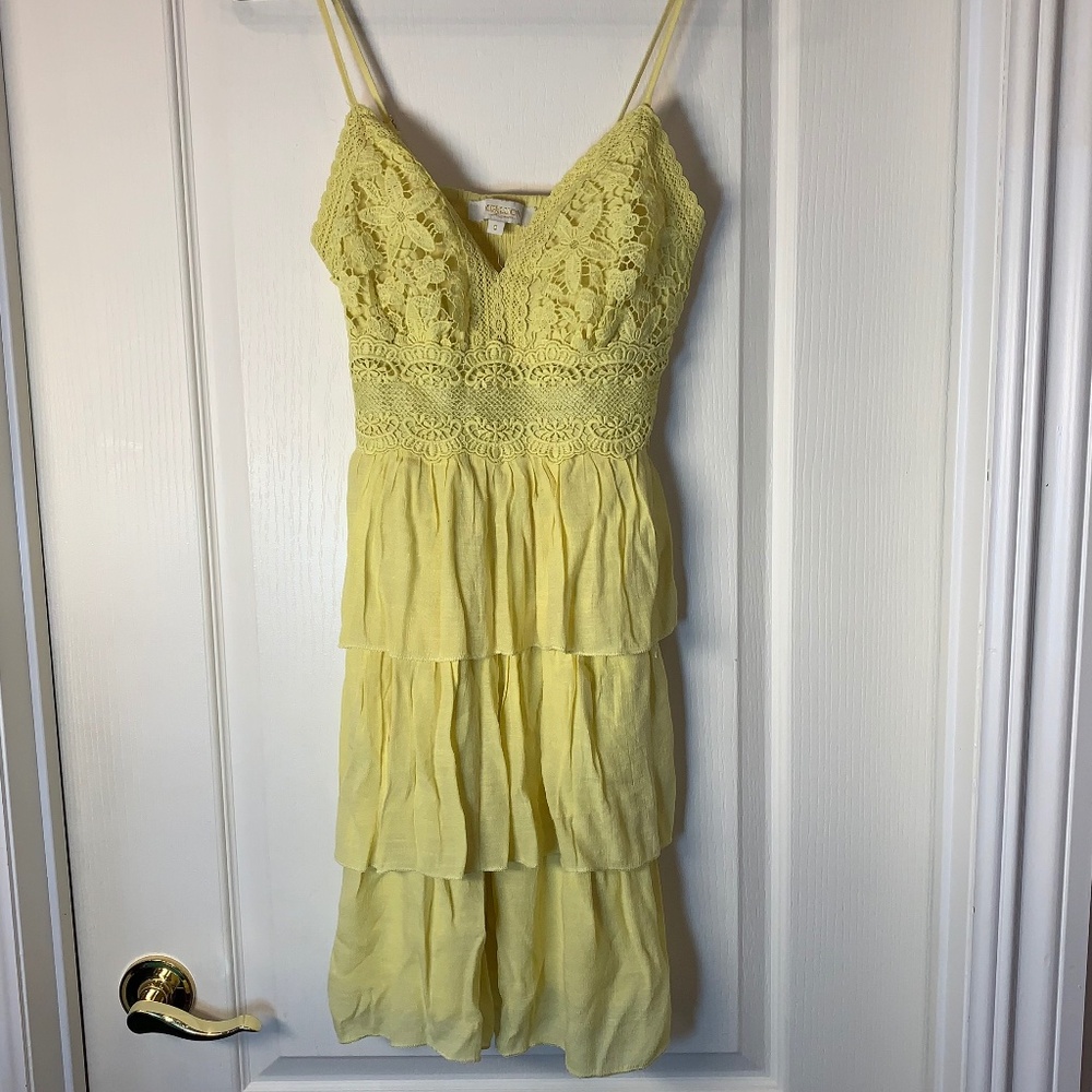 Rebellion Lemon Yellow Lace Crochet Ruffle Dress Boho Summer Spaghetti Strap S‎